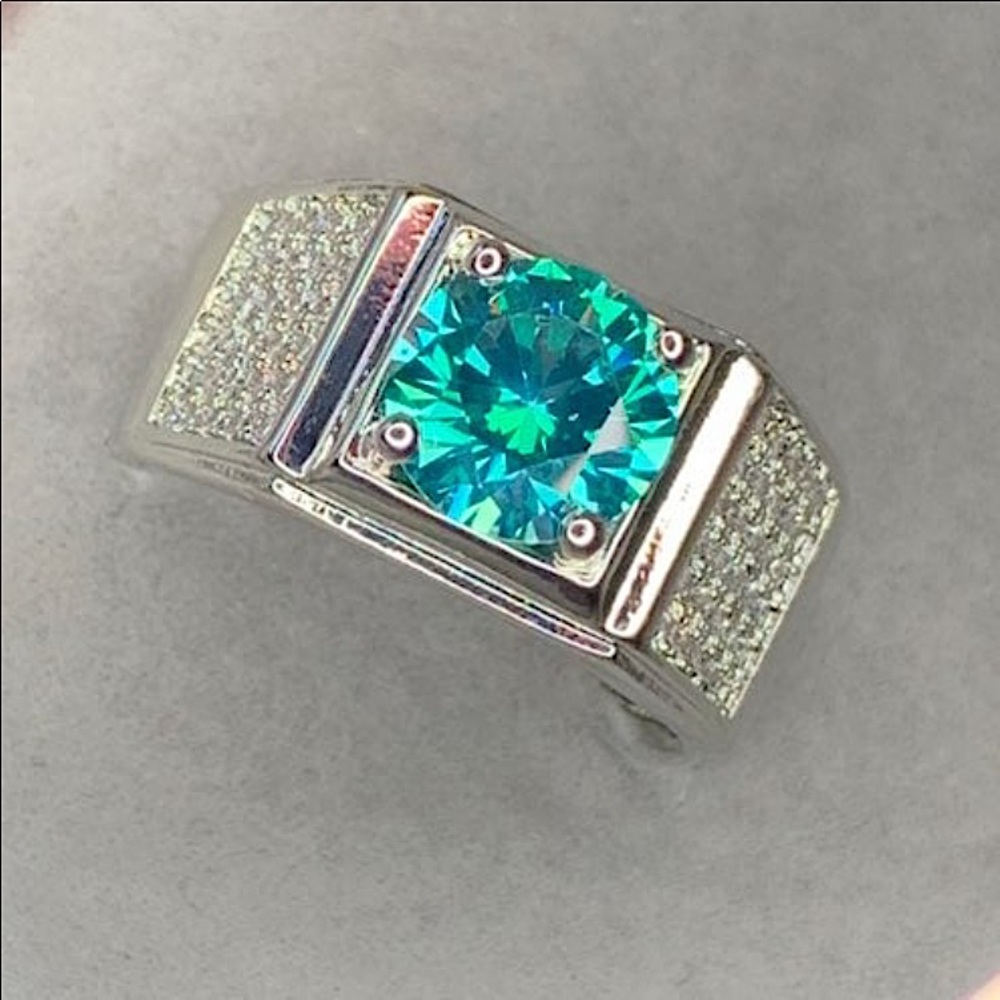 PT950 blue green (cyan) moissanite ring for men